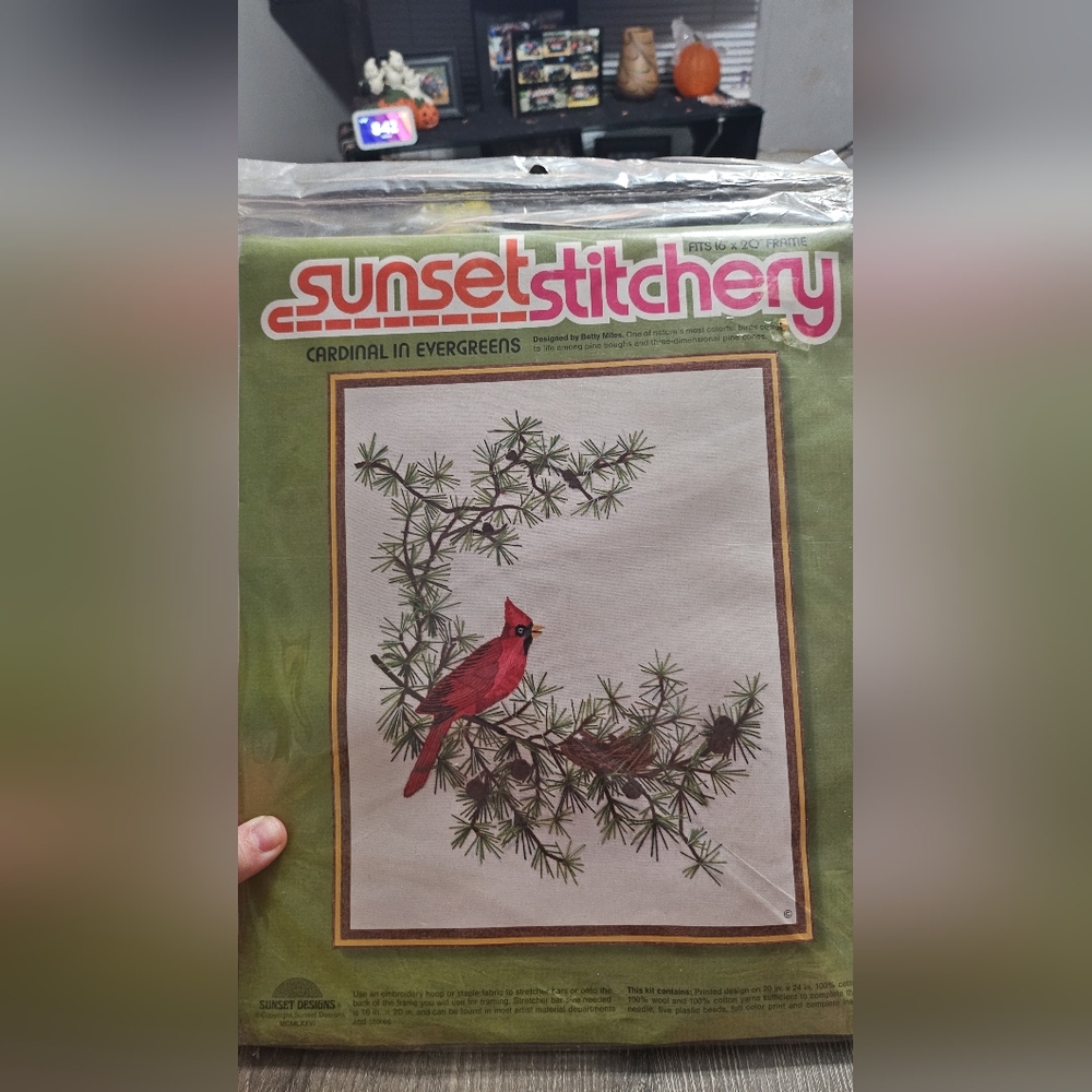 Vintage Sunset Stitchery "Cardinal in evergreens" brand new